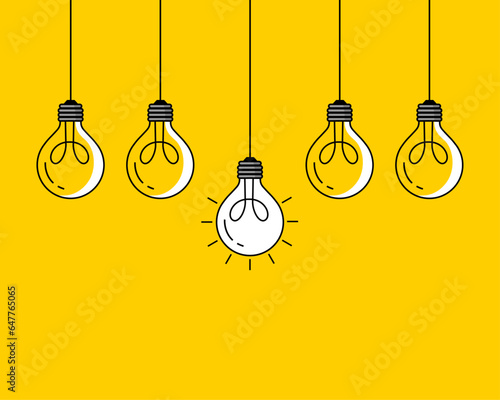 bright idea concept with light bulb hanging on yellow background. vector illustration in flat design. Think different creativity. business invention symbol.