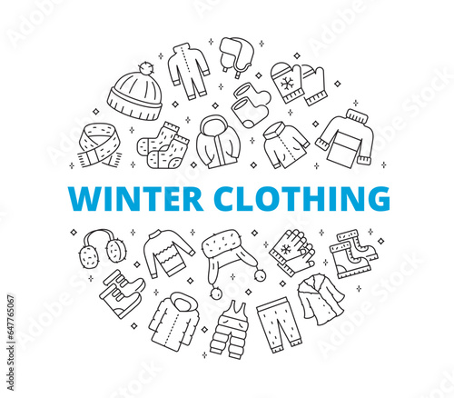 Set Icons Winter Clothing. Circular composition. Contains such symbols as Sweater, Boots, Scarf, Coat, Jacket and more.
