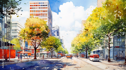 street in the city , watercolor cityscape 