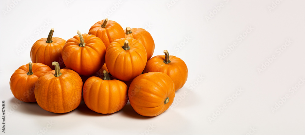 a pile of pumpikins on white background, banner with copy space