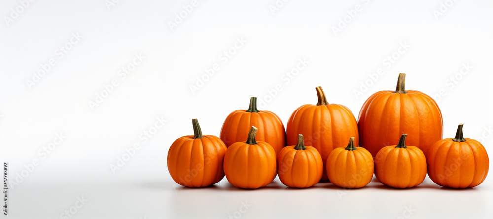 a pile of pumpikins on white background, banner with copy space