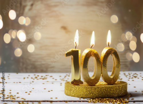100th birthday or anniversary candle with copy space