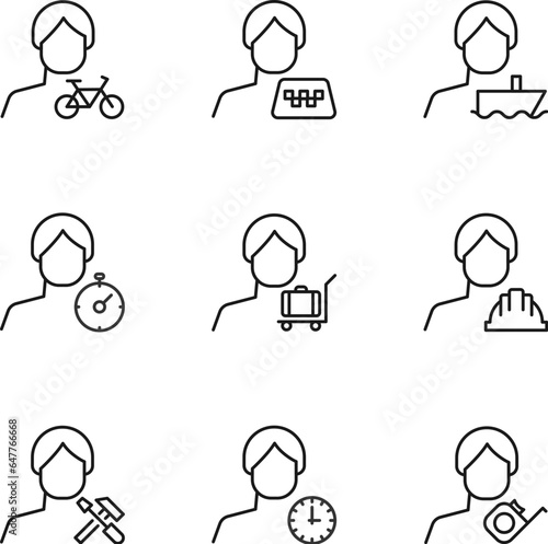 Vector line icon set for web sites, stores, banners, infographic. Signs of bicycle, taxi, ship, baggage, builder, clock, measure tape by faceless male user