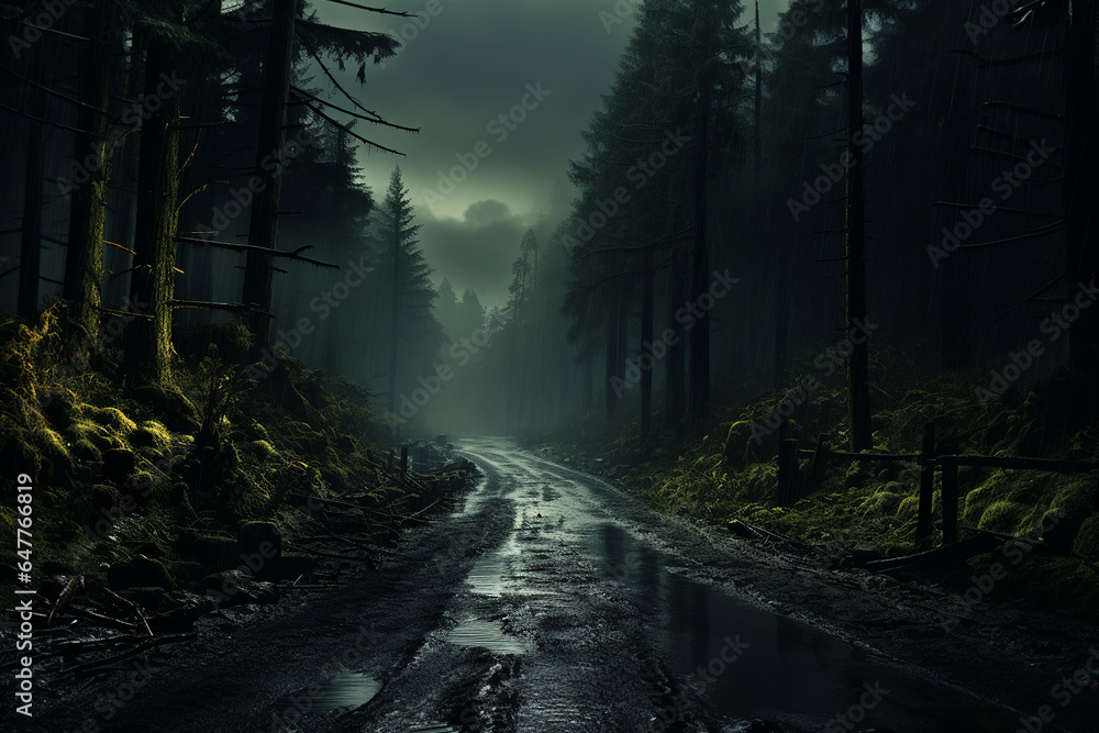 scary in a dark forest with a road in the rain with fog,autumn spooky forest in the dark, generative ai