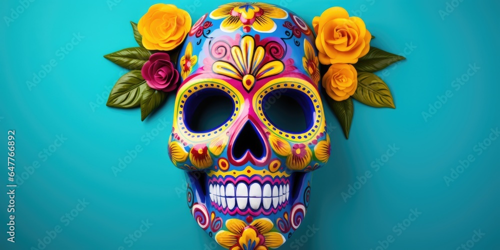Day of the dead Celebration Background With colored skull on bright background , AI Generated