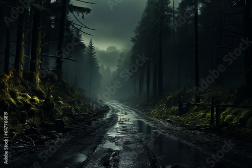 scary in a dark forest with a road in the rain with fog autumn spooky forest in the dark  generative ai