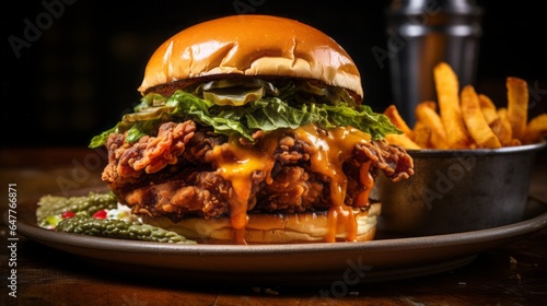 food photography cajun burger with collard greens and fried oysters, 16:9 photo