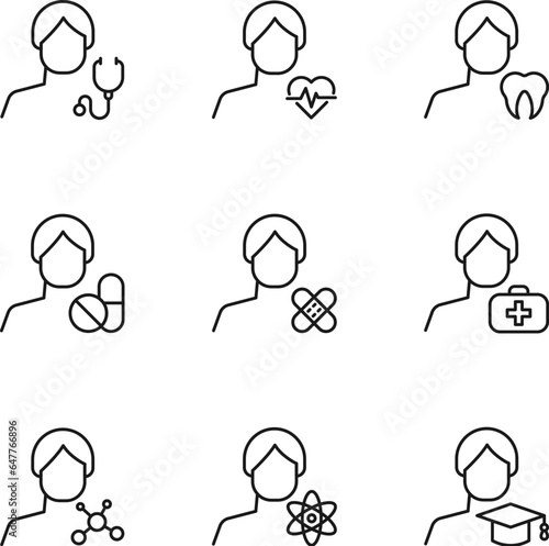 Vector line icon set for web sites, stores, banners, infographic. Signs of stethoscope, pulse, tooth, meds, plaster, suitcase, atom, square hat by male user