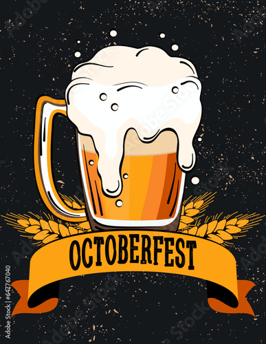 Vintage banner of Oktoberfest festival with lettering Oktoberfest, beer mugs and ears of barley by chalk background. Vector illustration
