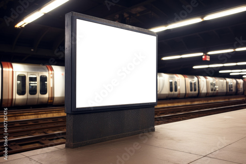 An empty blank billboard or advertising poster in an urban underground subway train station