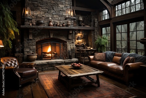 Wallpaper Mural A cozy, rustic living room adorned with exposed wooden beams, a stone fireplace, and plush leather armchairs arranged around a warm, crackling fire. Torontodigital.ca