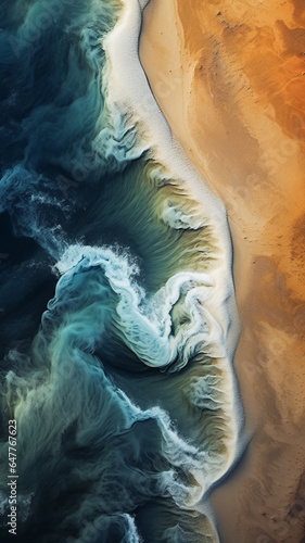 a drone photograph of a sandy beach, in the style of atmospheric abstraction. Generative AI.