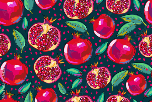 Seamless pattern with pomegranate fruits and leaves. Bright colorful fruits on a dark background. A whole pomegranate and half a fruit. Red and green colors. Cartoon. Hand drawn. Vector.