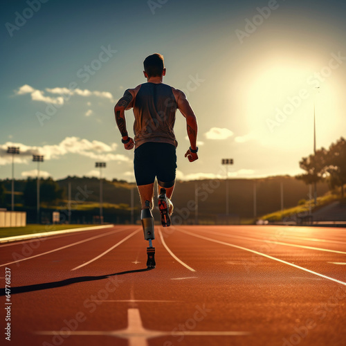 man with prosthetic legs running on an athletics field with sports clothing in high definition