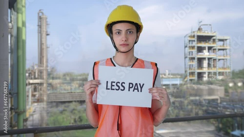 Sad Indian female construction worker holding LESS PAY banner photo