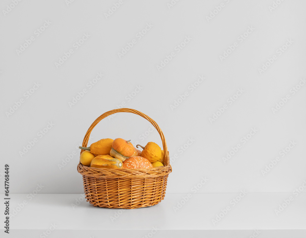 Beautiful decorative pumpkins in basket on a white table. Autumn or Thanksgiving concept. Fall decor. Autumn harvest with copy space. Beautiful decorative pumpkins in basket on a white table. Autumn or Thanksgiving concept. Fall decor. Autumn harvest with copy space.