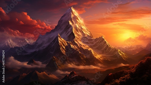 a mountain peak kissed by the warm light of a setting sun. 