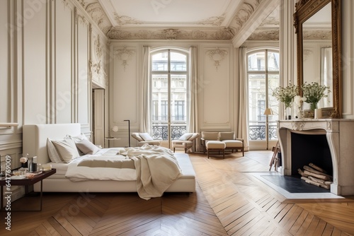 Cozy posh luxurious interior design of bedroom with kingsize bed, wooden classic parquet floor, tall ceiling, french windows, fireplace, white panel walls, parisian look, off-white textiles © Romana