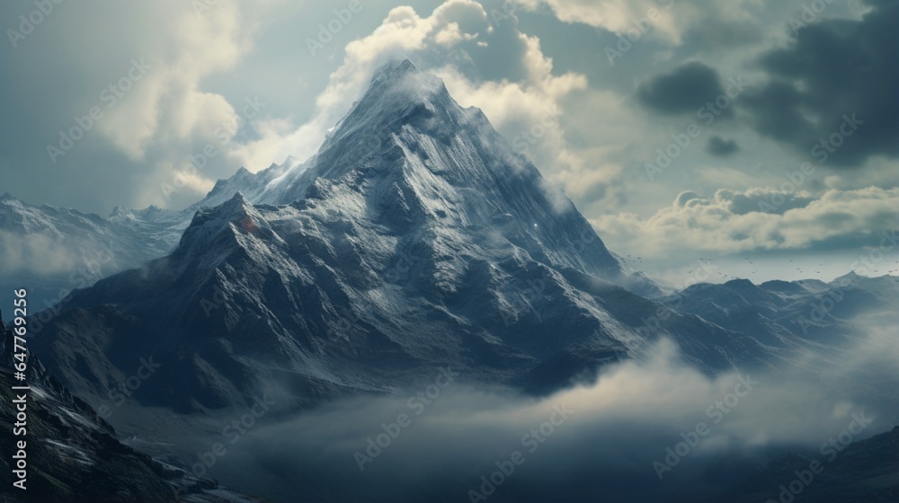 a mountain peak with a backdrop of swirling clouds. 