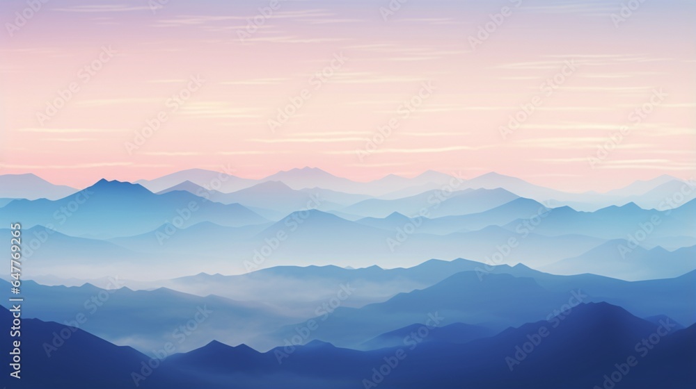 a mountain range at dawn, with soft pastel hues painting the sky. 