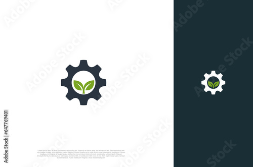Modern nature technology gear and d leaf, agriculture logo, green eco tech, nature industry. Vector Illustration template

