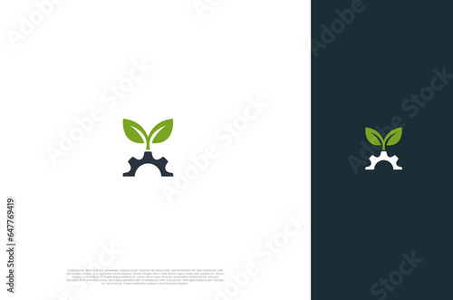 Modern nature technology gear and d leaf, agriculture logo, green eco tech, nature industry. Vector Illustration template
