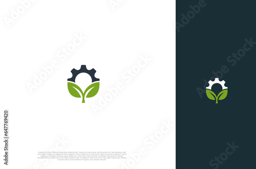 Modern nature technology gear and d leaf, agriculture logo, green eco tech, nature industry. Vector Illustration template
