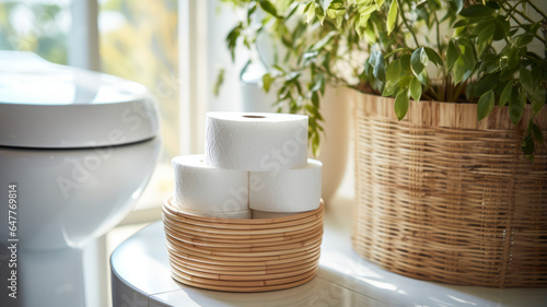 Basket with paper rolls on ceramic toilet bowl in modern bathroom. photo