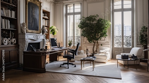 Cozy posh luxurious but modern interior design of a home office workspace with wooden classic parquet floor  tall ceiling and french windows  white panel walls  parisian look