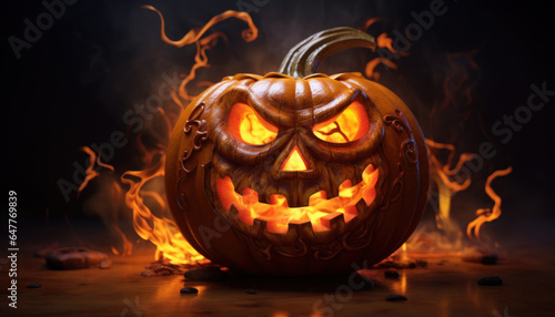 Halloween Pumpkin with a Fiery Glow Inside - Generative Ai