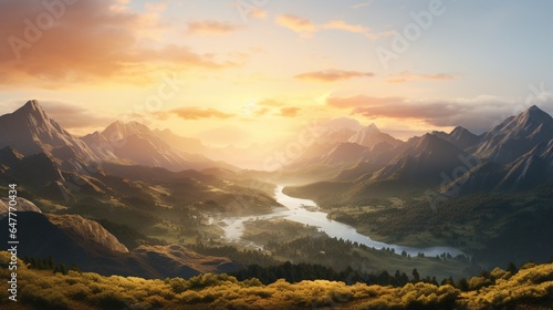 a mountain range at sunrise, with soft golden light illuminating the valleys.  © Jigxa
