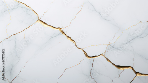 Kintsugi-Inspired Marble Artistry: Detailed Close-Up of White and Grey Marble with Golden Cracks, Honoring Japanese Craftsmanship and Aesthetic Grandeur