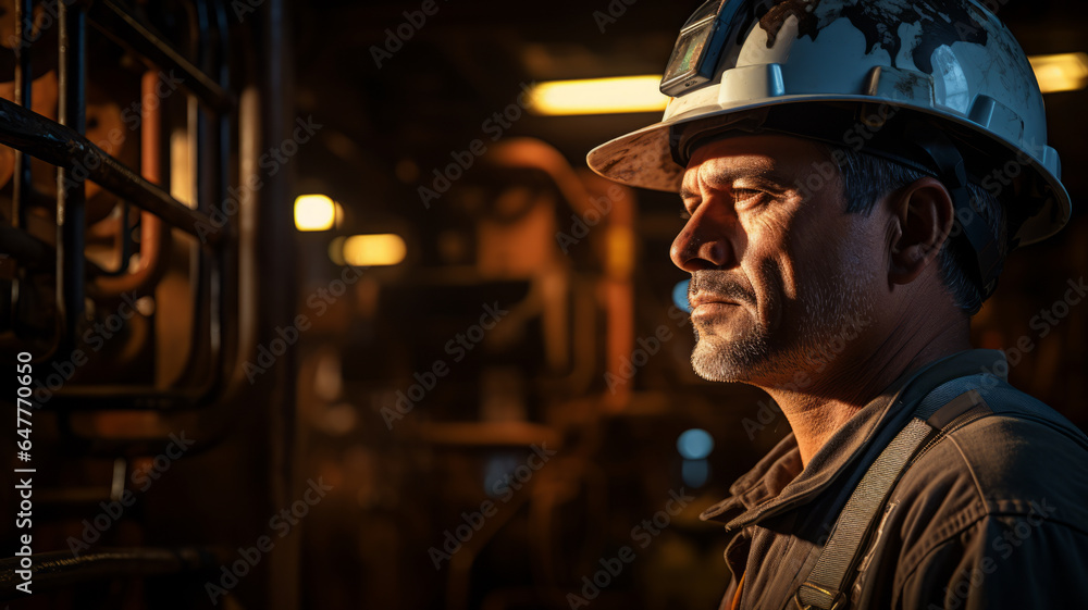 photograph of Engineer working at oil rig. wide angle lens realistic lighting white