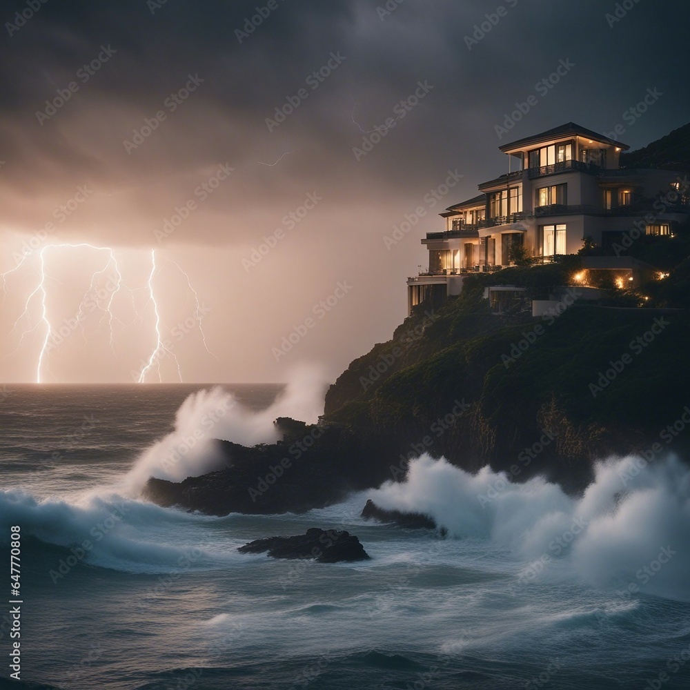 Cliffside villa perched on the edge of a rugged coastal cliff during a dramatic thunderstorm