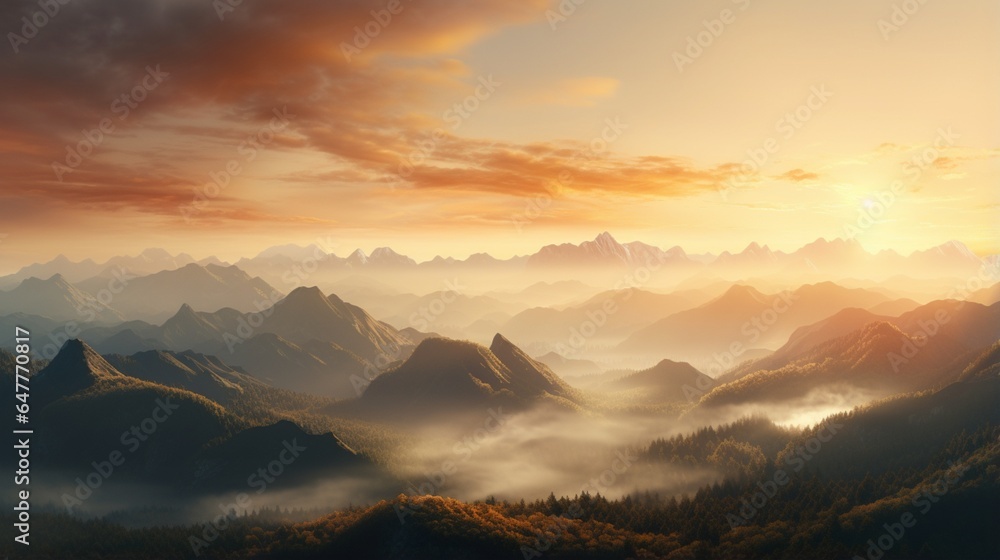 a mountain range at sunrise, with soft golden light illuminating the valleys. 