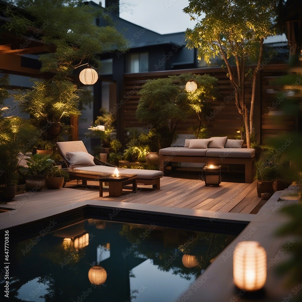 Fototapeta premium Modern rooftop garden oasis with a Zen-like atmosphere