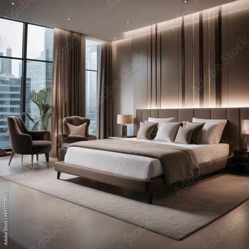 Luxurious  modern master bedroom with a king-size bed with city views