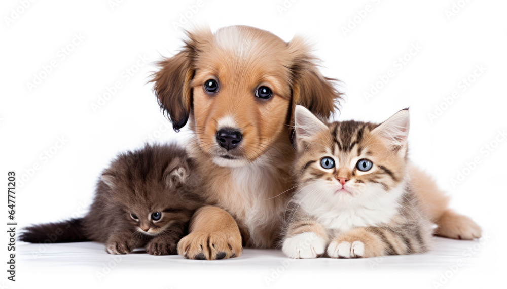 Two Little Sweet Kittens and an Adorable Puppy on a White Background - Generative Ai