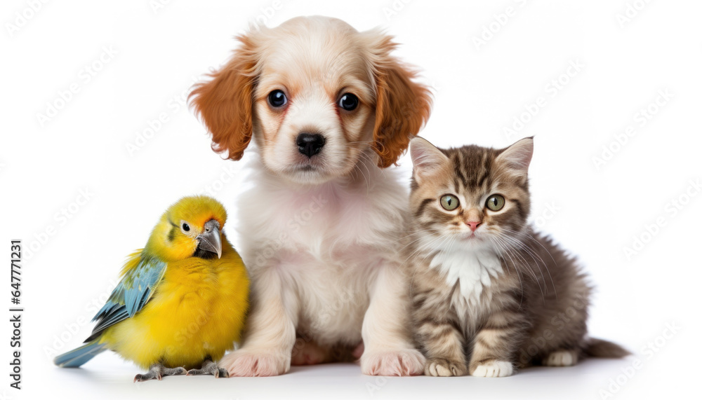 Obraz premium Pets - Cute Puppy, Tiny Sweet Kitten, and Little Parrot Together on a White Background - Generative Ai
