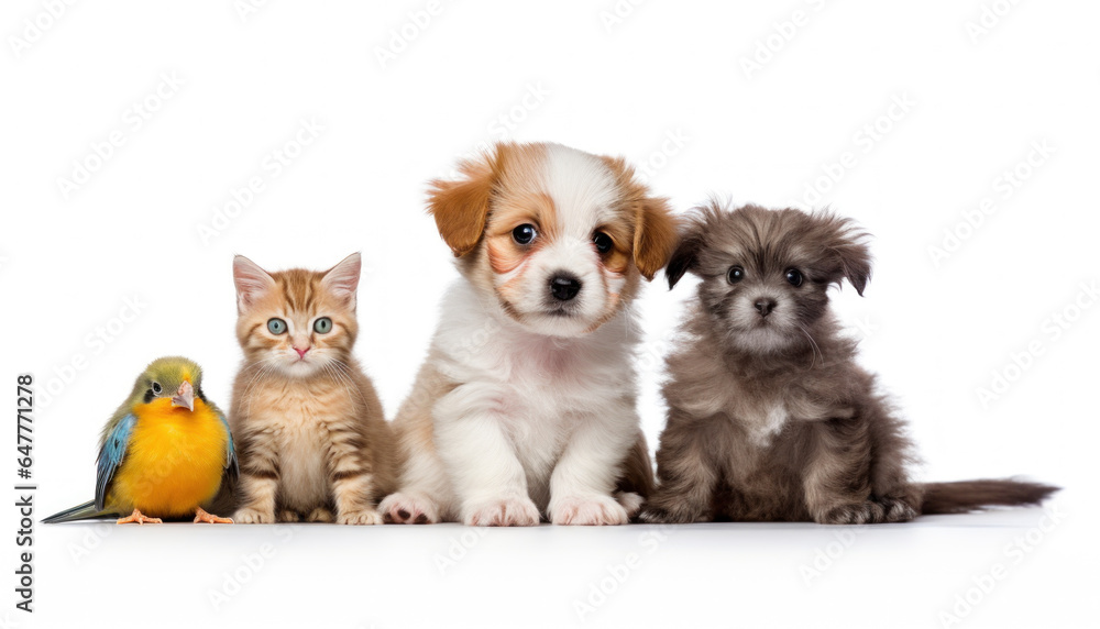 Animals - Two Tiny Kittens, a Little Puppy, and a Colorful Bird on a White Background - Generative Ai