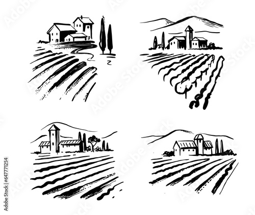 Vineyard with grape Field sketch. Tuscany Landscape with house drawing