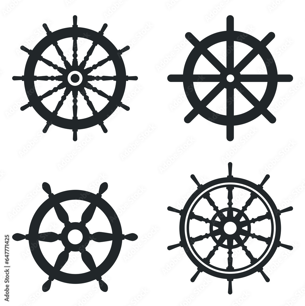 A set of silhouettes of a ship's helm. Rudders of the ship