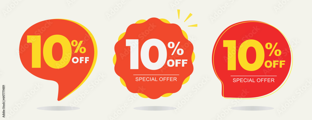 10% off. Tag special offer, sticker. Poster ten percent off price, value. Red and yellow balloon. Advertising for sales, promo, discount, shop. Symbol, icon, vector - obrazy, fototapety, plakaty 