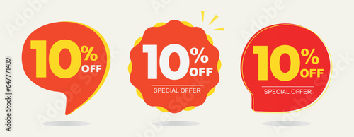 10% off. Tag special offer, sticker. Poster ten percent off price, value. Red and yellow balloon. Advertising for sales, promo, discount, shop. Symbol, icon, vector