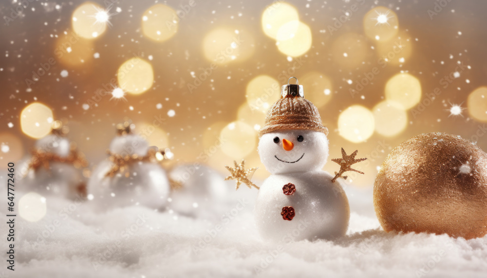 Festive Snowy Scene with Snowman and Christmas Baubles - Holiday Decorations - Generative AI