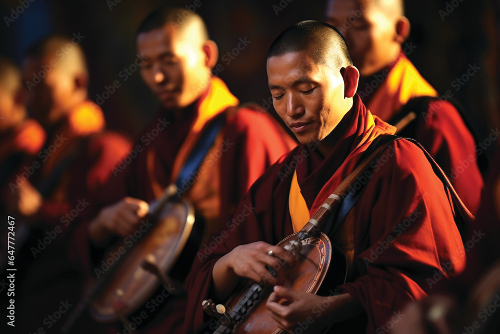 Tibetan Buddhist monks playing music 
