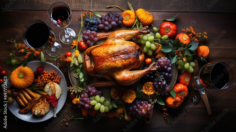 Delicious roasted thanksgiving day turkey on table, Christmas or Thanksgiving turkey background.