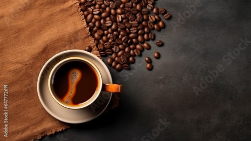 portrait photograph of Top view, Coffee cup and beans on old kitchen table.generative ai