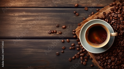 portrait photograph of Top view, Coffee cup and beans on old kitchen table.