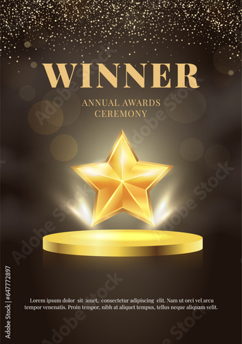 A luxurious backdrop for the annual awards with a gold star, podium, text and brown sequins on a brown background. For congratulations, victory, success.